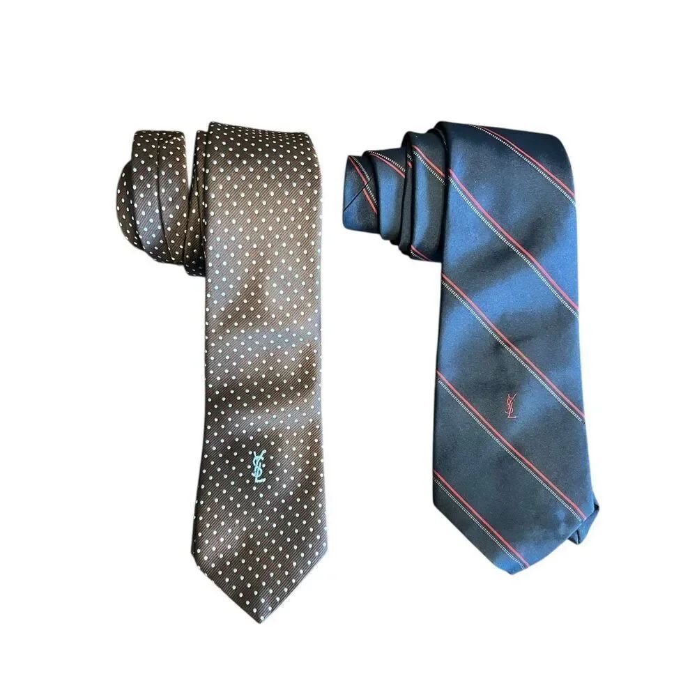 2 YSL Yves Saint Laurent vintage neck ties blue brown stripes dots career